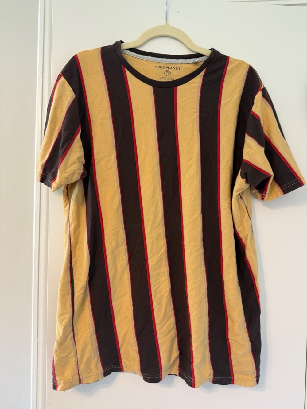 Free Planet Men’s Yellow, Black & Red Striped Short Sleeve Tee